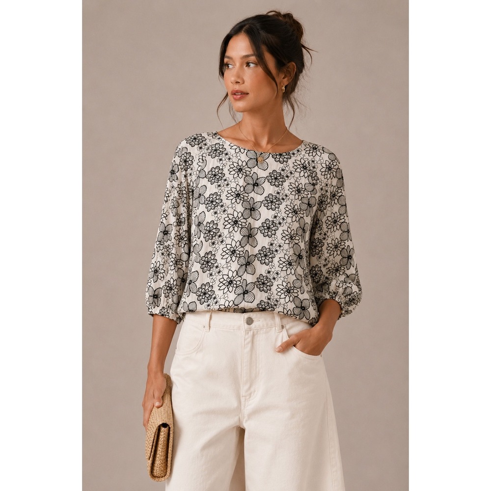 Weill Paris White Black Floral Embroidered Cotton Blouse Keyhole Back Top 147002